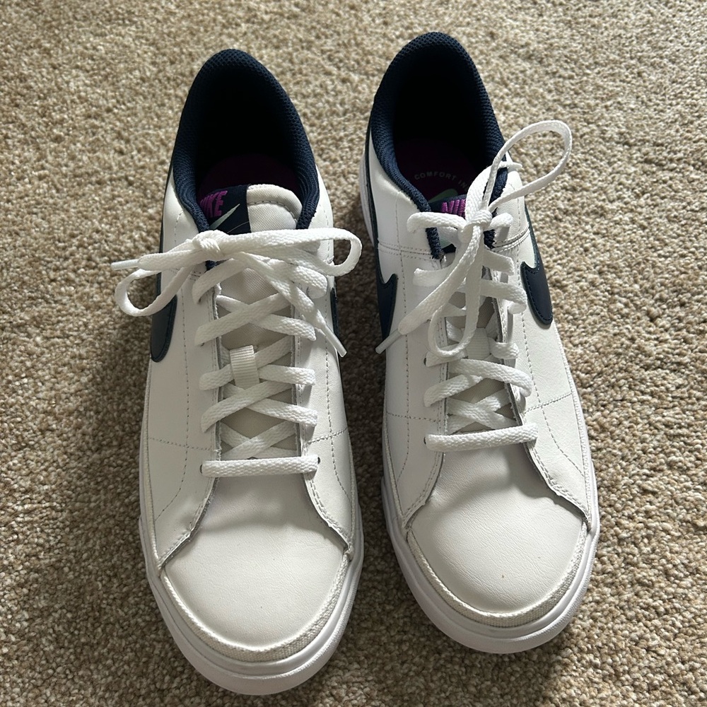 Nike White and Blue Sneakers with Pink Logo